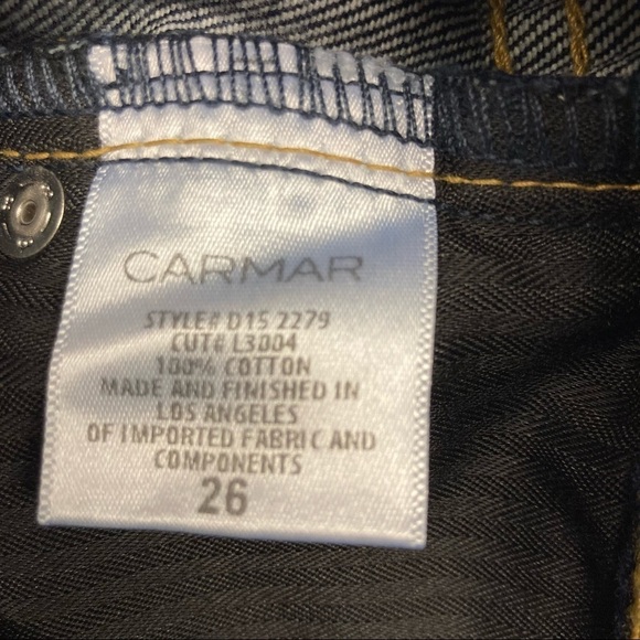 CARMAR Sz 26 High Rise Dark Wash  Raw Distressed Hem Button Fly Ankle Jeans - Picture 10 of 11